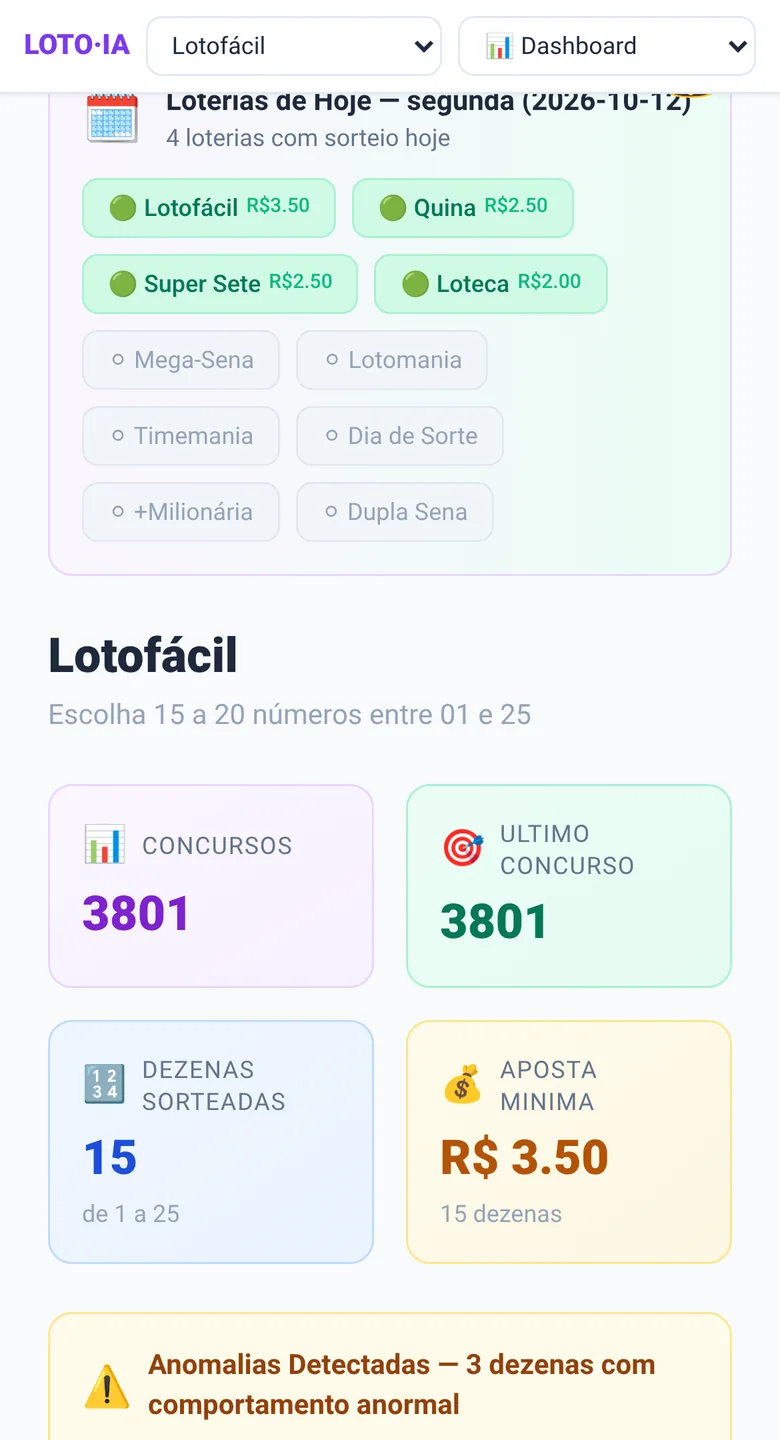 Tela real do LotoIA no celular, com a escolha da modalidade e as loterias com sorteio no dia